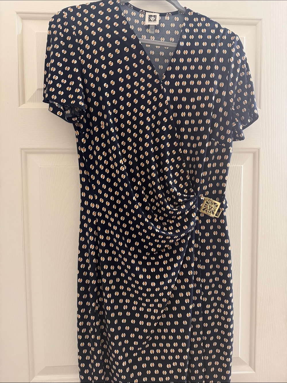 Anne Klein Black Midi Dress with Cream Dot Print and Gold Buckle